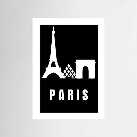 Black poster with white Eiffel Tower and Arc de Triomphe on a gray background