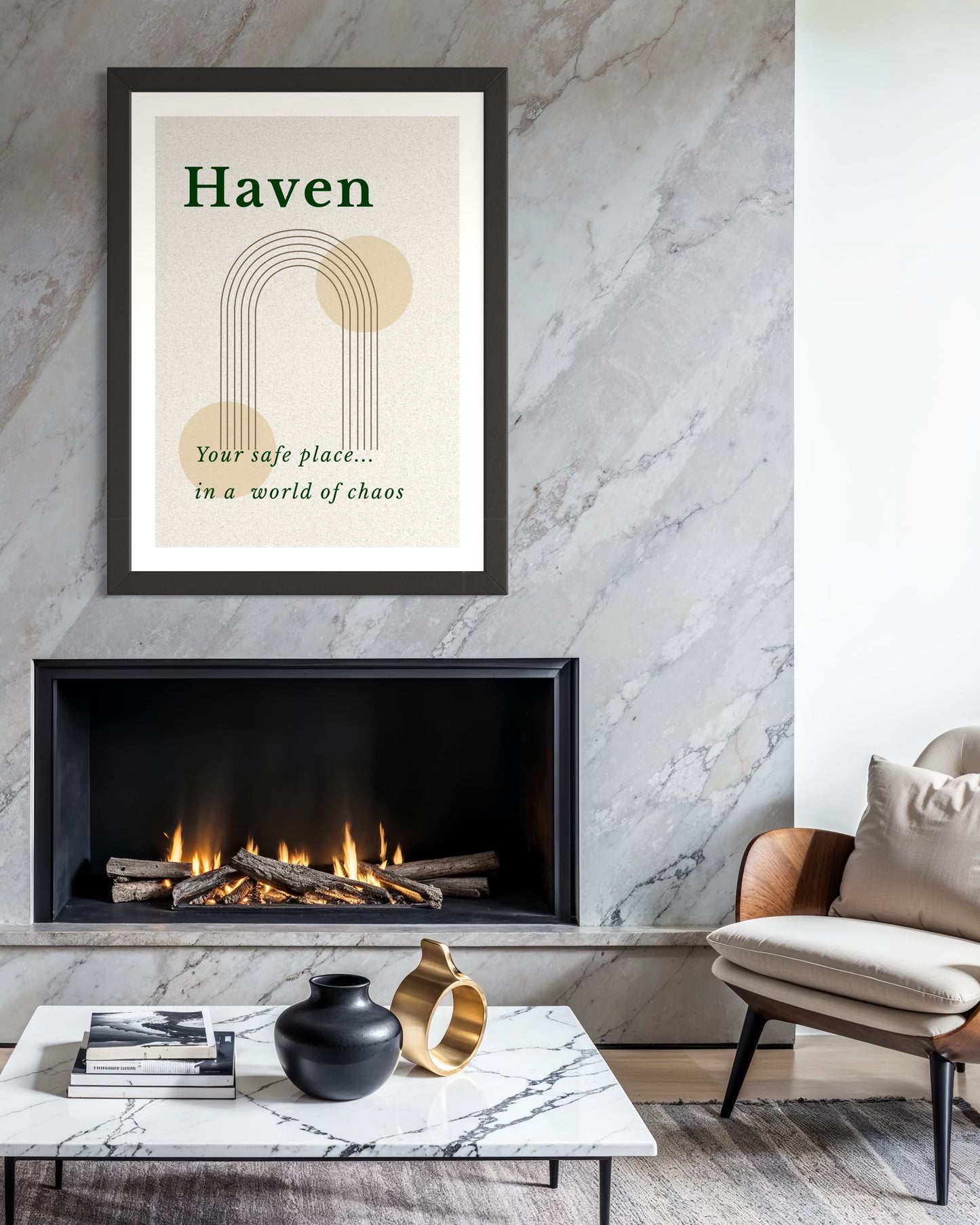 Living room with a fireplace, coffee table, and 'Haven' framed print on the wall.