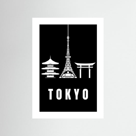 Tokyo Cityscape Art Print – Black Edition featuring pagoda, Tokyo Tower, and Torii gate. unframed with no border