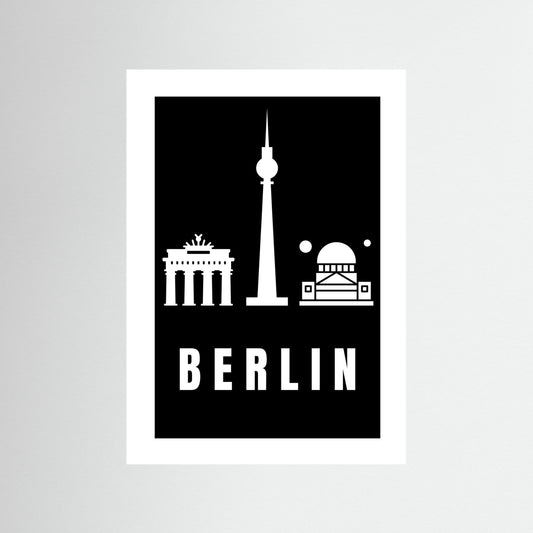 Berlin Cityscape Art Print – Black Edition featuring Brandenburg Gate, Berlin TV Tower, and Reichstag Dome
