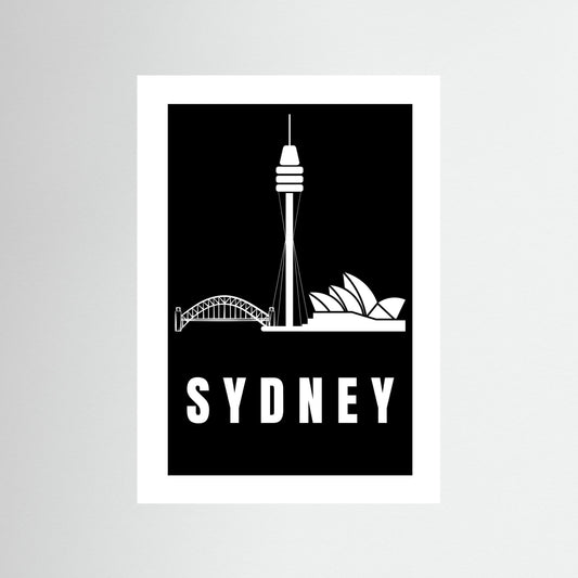 Black poster with white icons of Sydney landmarks and 'SYDNEY' text with no border