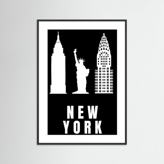 Framed poster with silhouettes of the Empire State Building, Statue of Liberty, and Chrysler Building with 'NEW YORK' text on a black background.