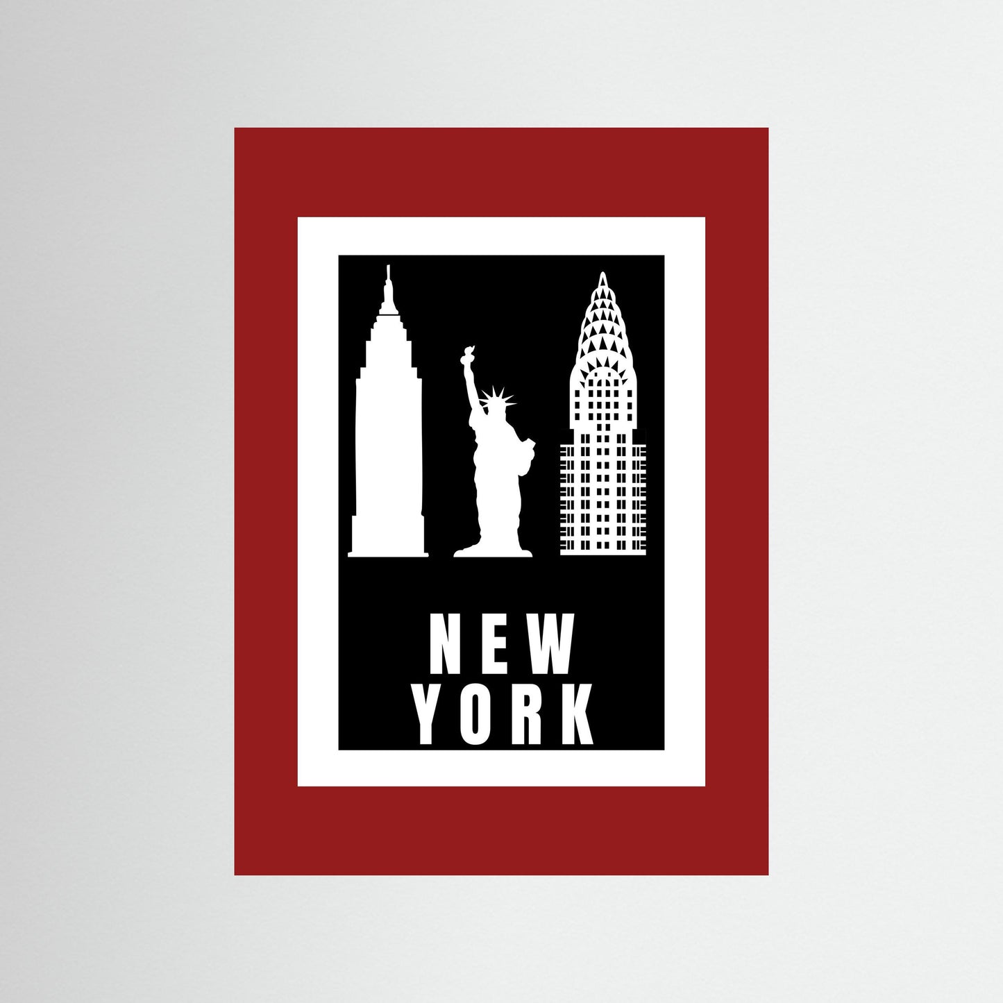 Unframed artwork with silhouettes of New York landmarks on a black background with 'NEW YORK' text. with a deep red border