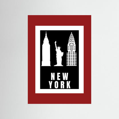 Unframed artwork with silhouettes of New York landmarks on a black background with 'NEW YORK' text. with a deep red border