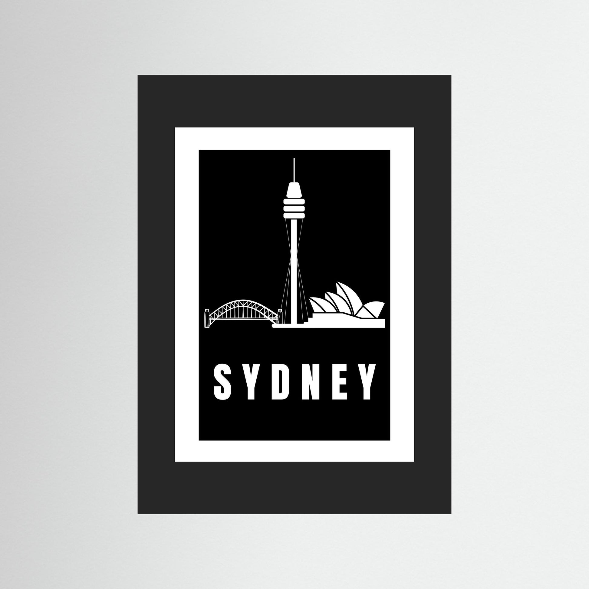 Unframed artwork with Sydney skyline silhouette and 'Sydney' text on a black border