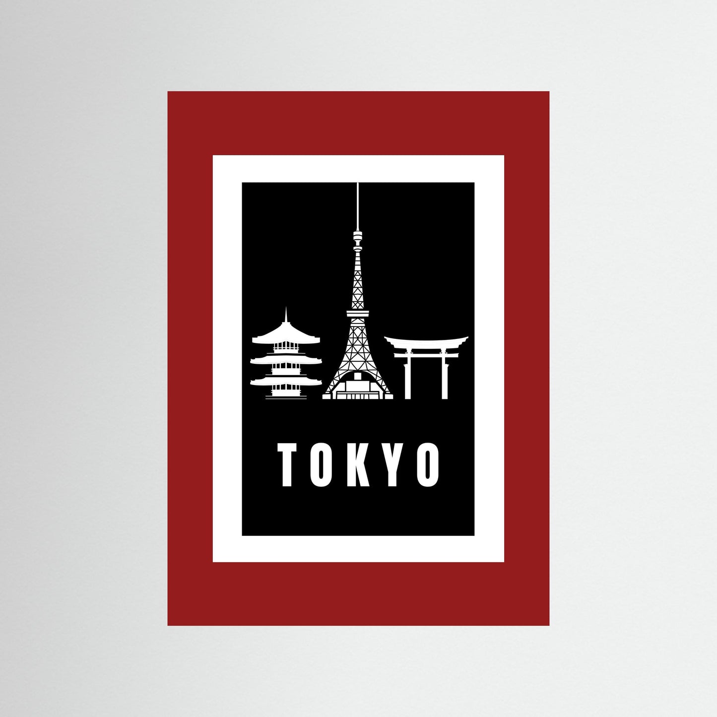 Tokyo Cityscape Art Print – Black Edition featuring pagoda, Tokyo Tower, and Torii gate. unframed with a deep red border