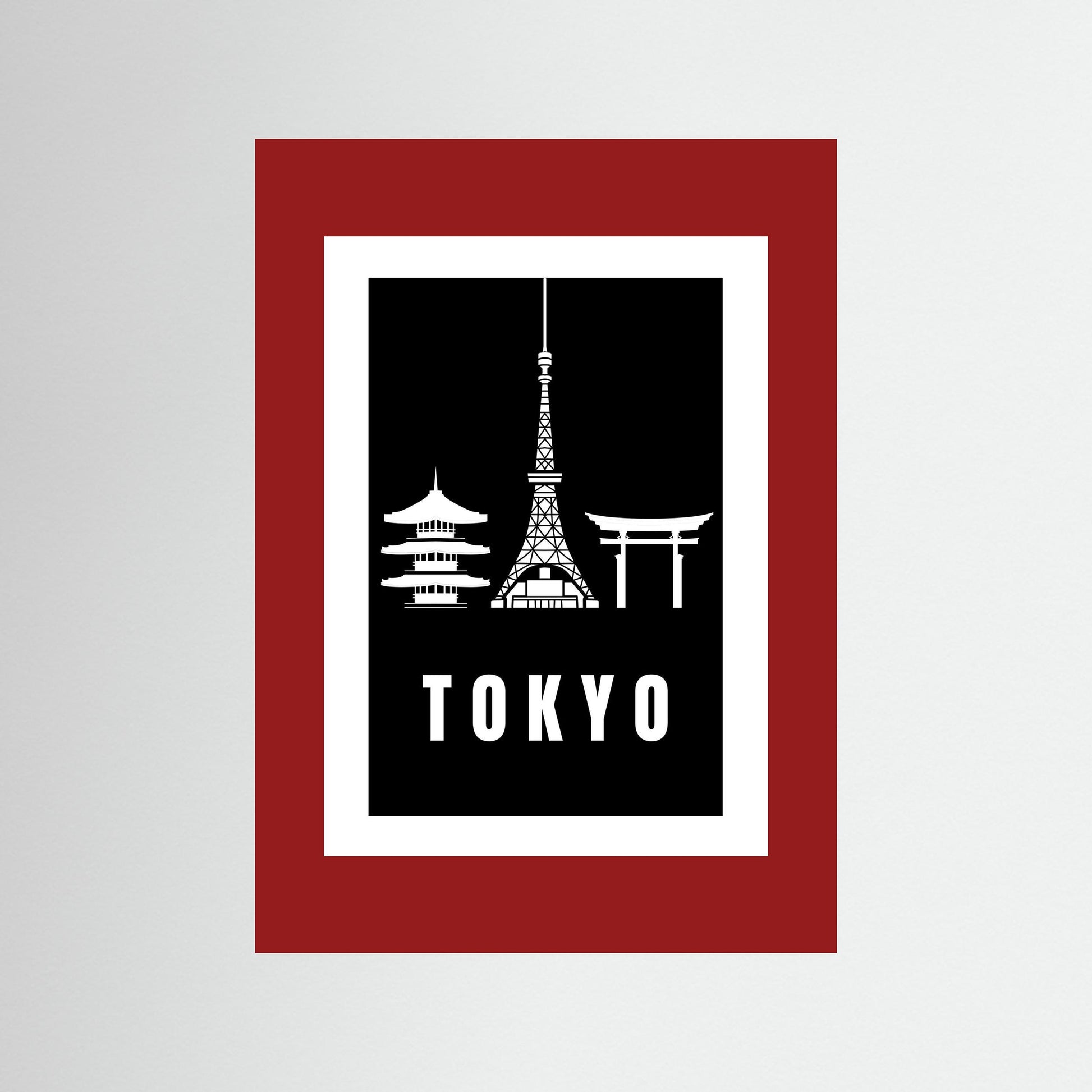 Tokyo Cityscape Art Print – Black Edition featuring pagoda, Tokyo Tower, and Torii gate. unframed with a deep red border