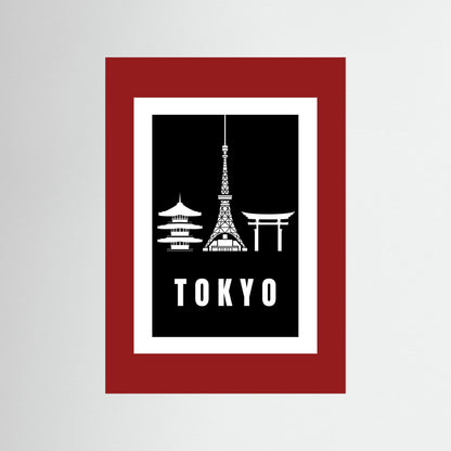 Tokyo Cityscape Art Print – Black Edition featuring pagoda, Tokyo Tower, and Torii gate. unframed with a deep red border