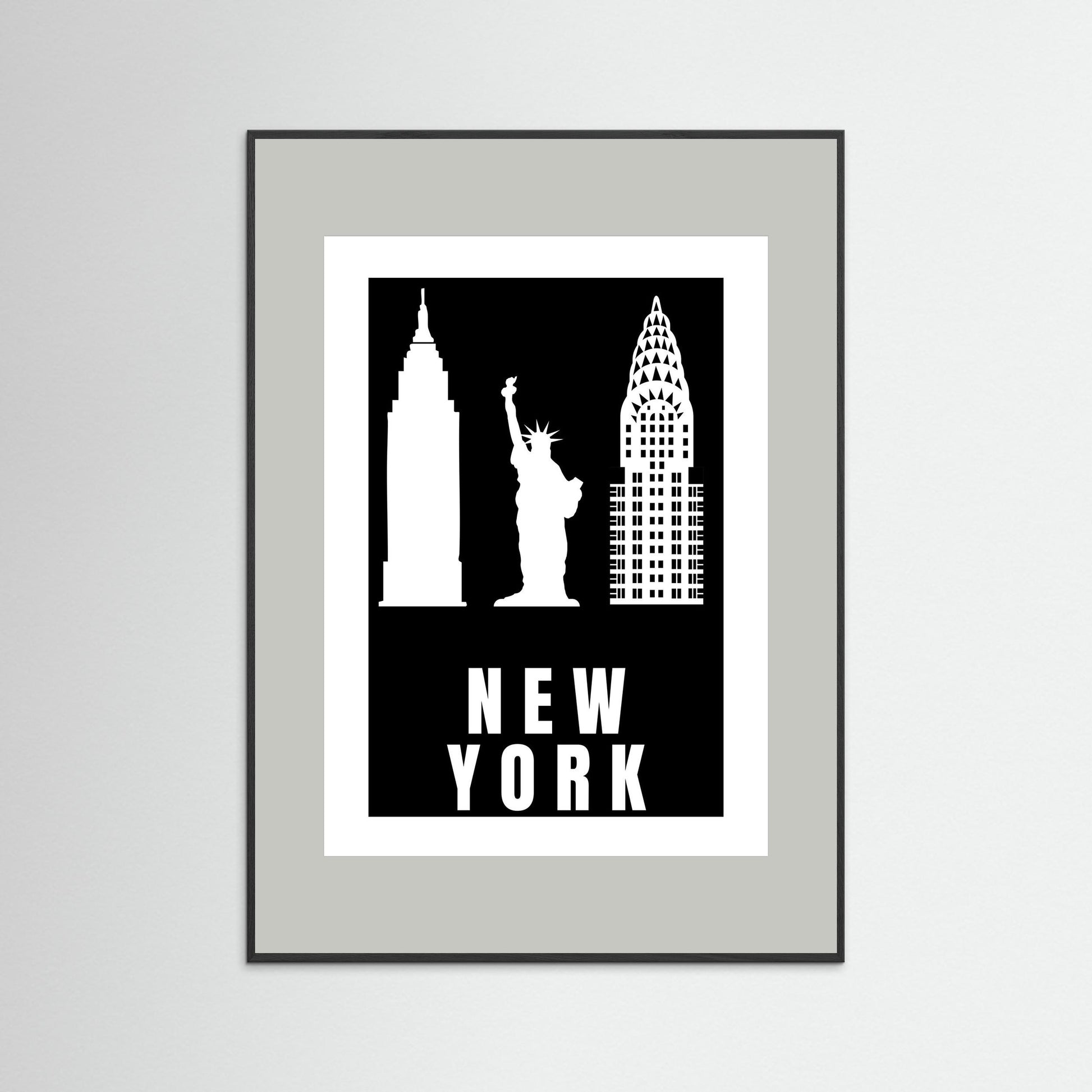 Framed artwork of New York City landmarks on a black background with 'NEW YORK' text. with a light grey border.
