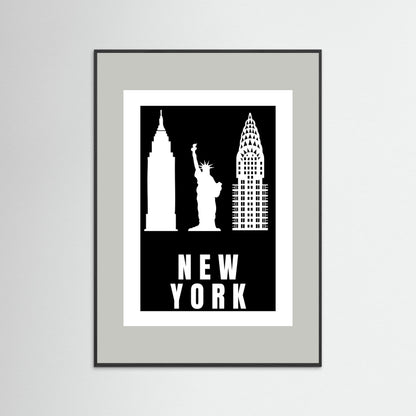 Framed artwork of New York City landmarks on a black background with 'NEW YORK' text. with a light grey border.