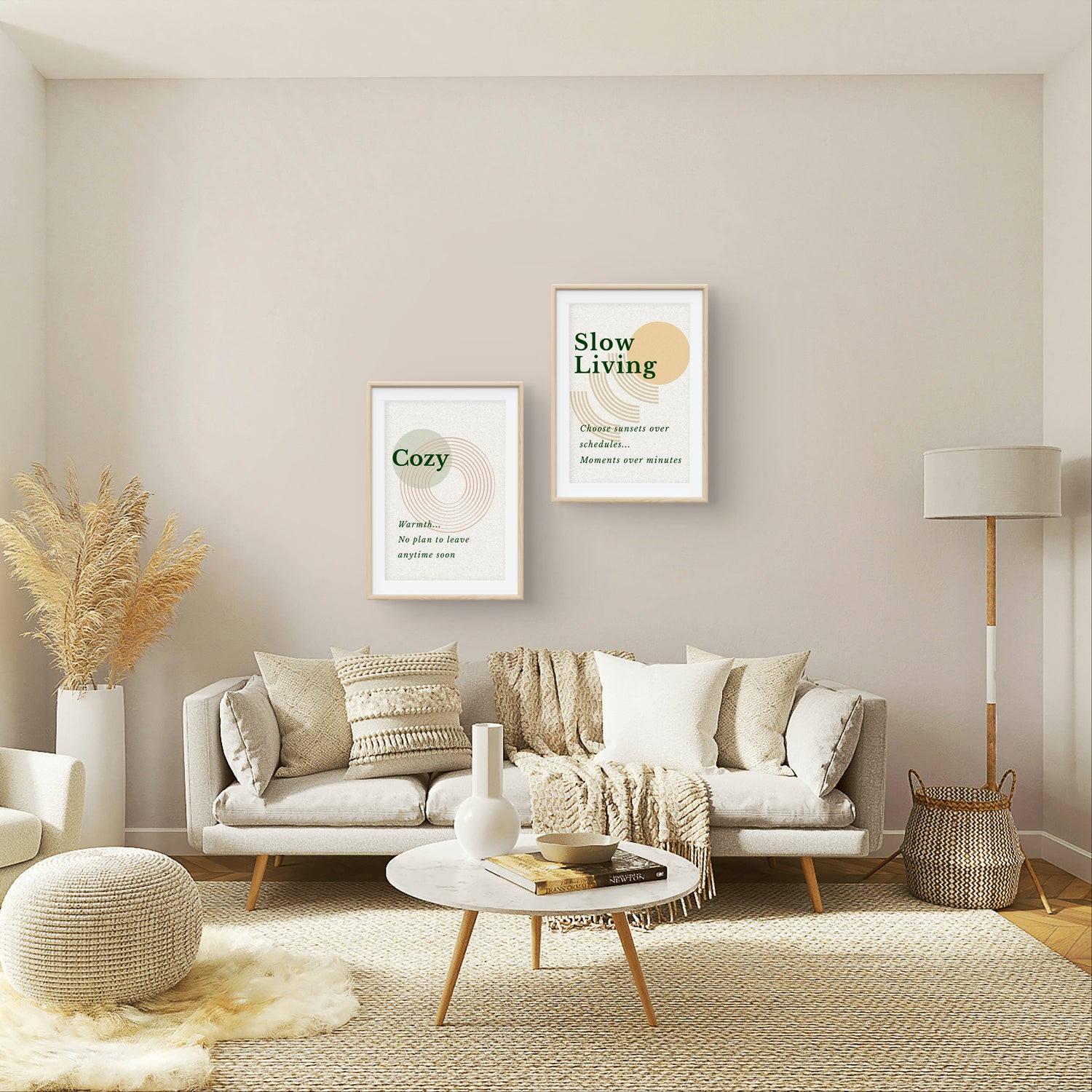 Modern living room with a sofa, coffee table, and wall art