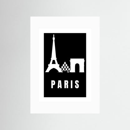 Black and white illustration of the Eiffel Tower and Arc de Triomphe with 'PARIS' text framed with a white border