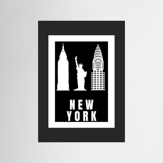 Framed artwork with silhouettes of New York landmarks on a black background