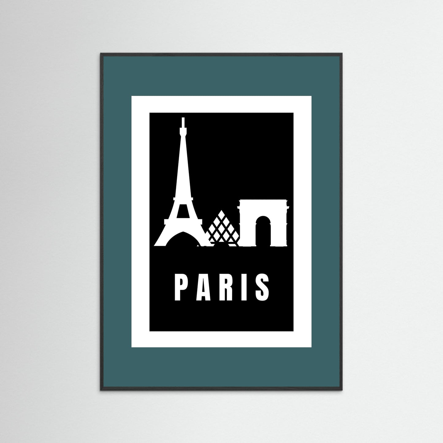 Framed poster with Eiffel Tower and Arc de Triomphe silhouettes and 'PARIS' text on a black background. framed with a teal border.