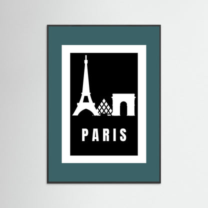 Framed poster with Eiffel Tower and Arc de Triomphe silhouettes and 'PARIS' text on a black background. framed with a teal border.