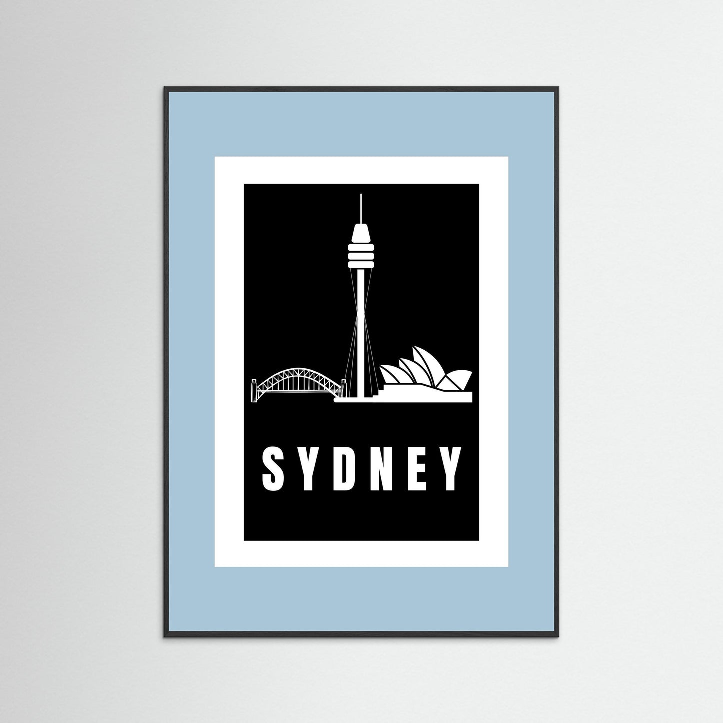 Framed artwork with Sydney skyline silhouette on a light blue border