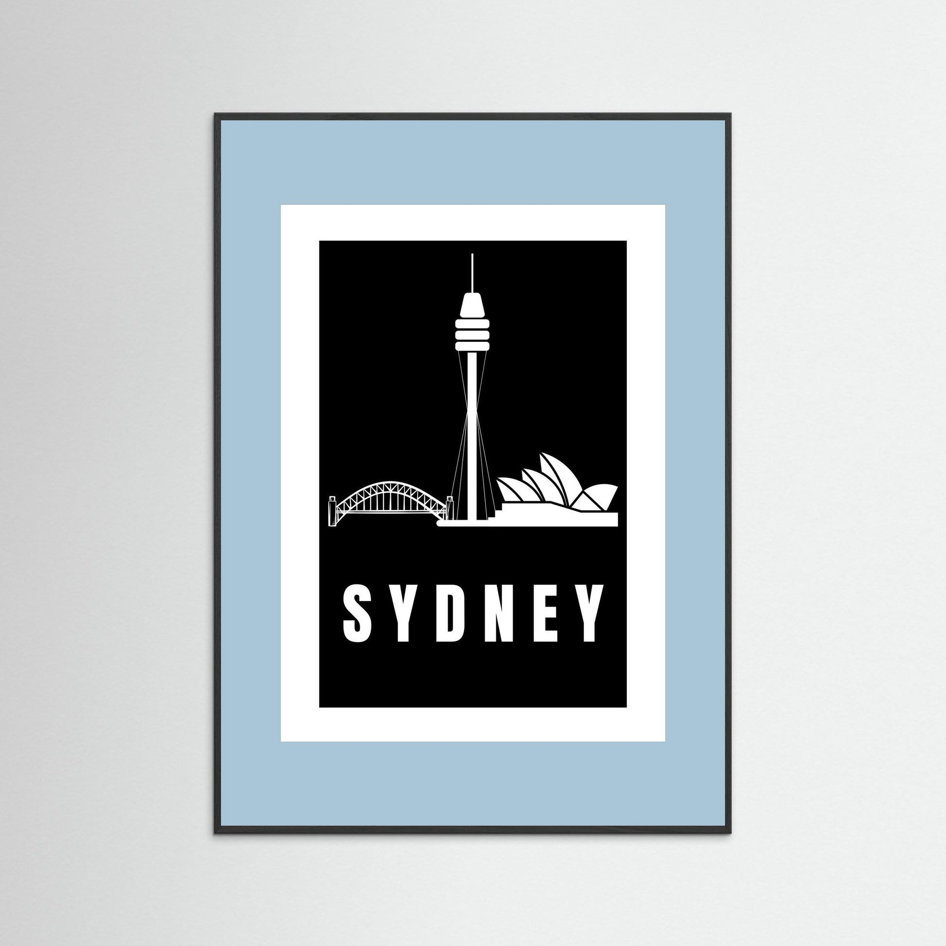 Framed artwork with Sydney skyline silhouette on a light blue border