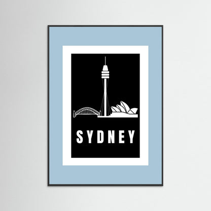 Framed artwork with Sydney skyline silhouette on a light blue border