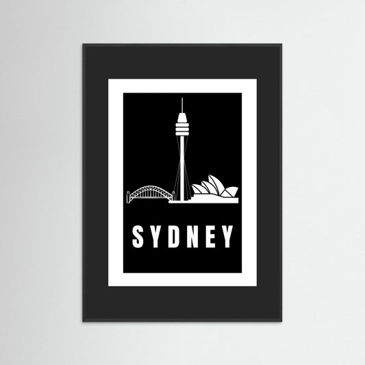Framed artwork with Sydney skyline silhouette and 'Sydney' text on a black background with black border
