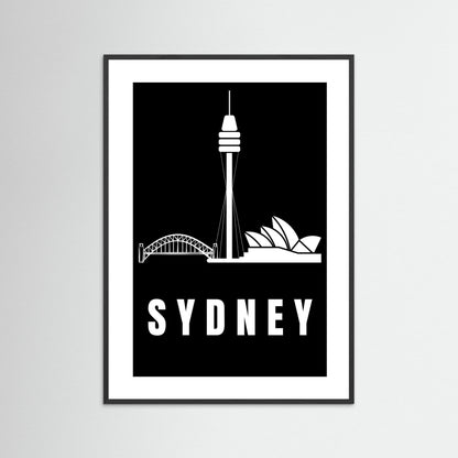 Framed artwork of Sydney's landmarks on a black background with 'SYDNEY' text.