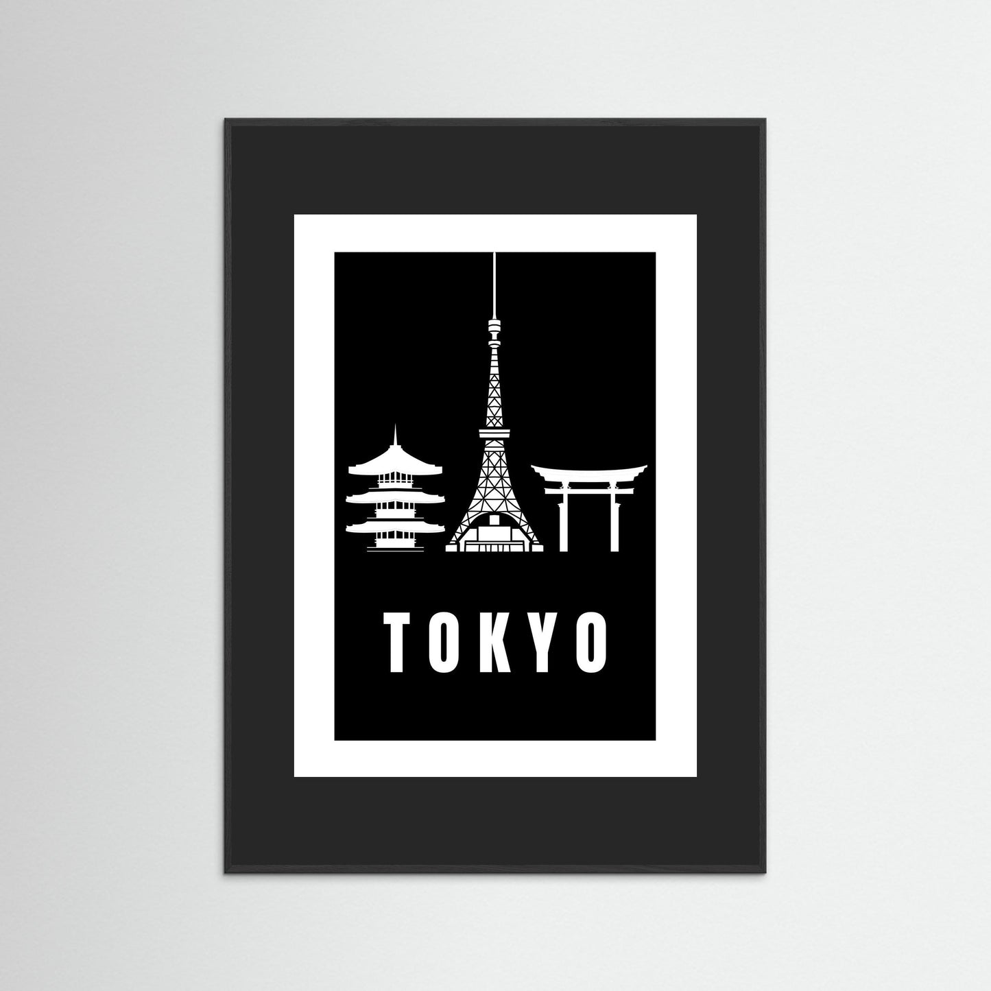 Tokyo Cityscape Art Print – Black Edition featuring pagoda, Tokyo Tower, and Torii gate. unframed with black border