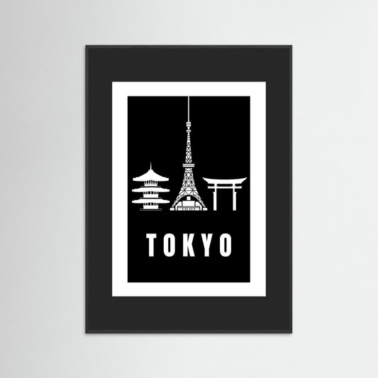 Tokyo Cityscape Art Print – Black Edition featuring pagoda, Tokyo Tower, and Torii gate. unframed with black border