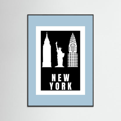 Framed artwork with New York City landmarks on a black background with a pale blue border.