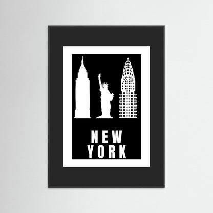 Framed poster with New York city skyline silhouette on a black background with a black border.