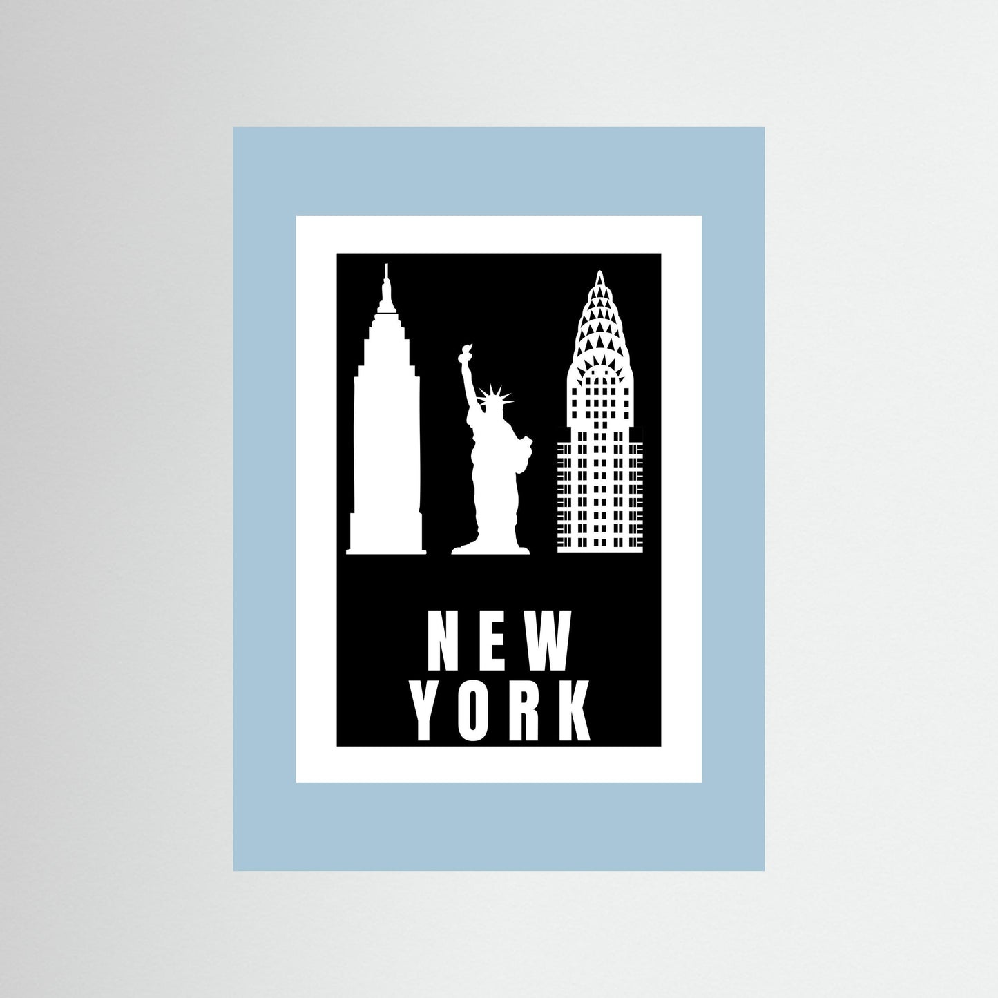 Unframed artwork with New York cityscape silhouette on a black background with a pale blue border