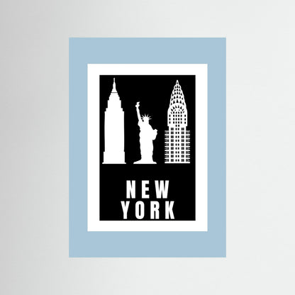 Unframed artwork with New York cityscape silhouette on a black background with a pale blue border