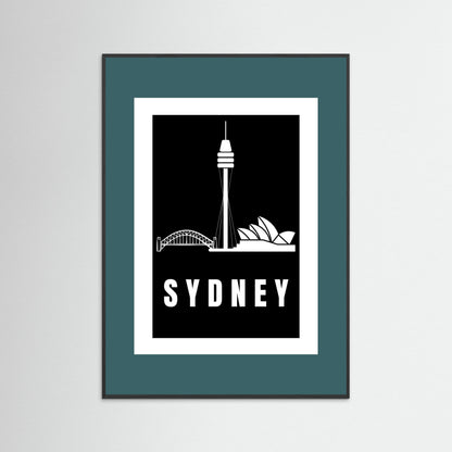 Framed artwork with Sydney skyline silhouette and 'Sydney' text on a black background with a teal border
