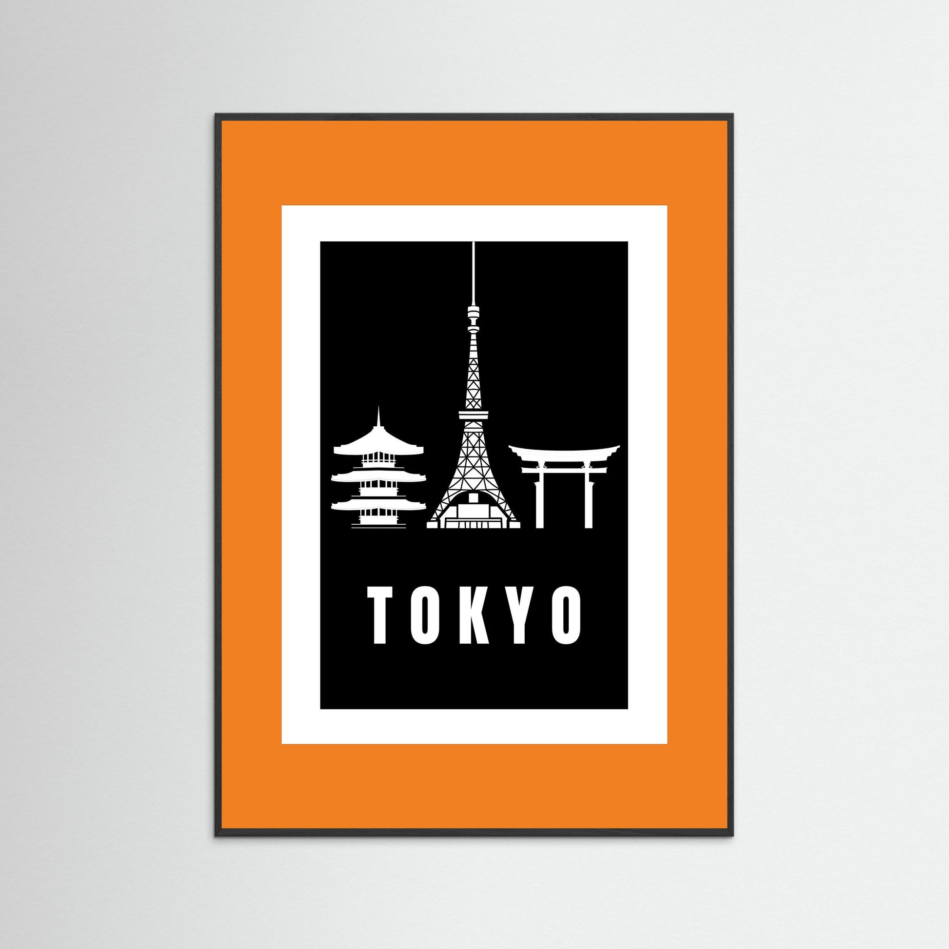 Tokyo Cityscape Art Print – Black Edition featuring pagoda, Tokyo Tower, and Torii gate. Framed with orange border