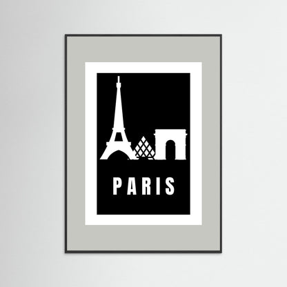 Framed poster with Eiffel Tower and Arc de Triomphe silhouettes and 'PARIS' text on a black background. Framed with a light grey border.