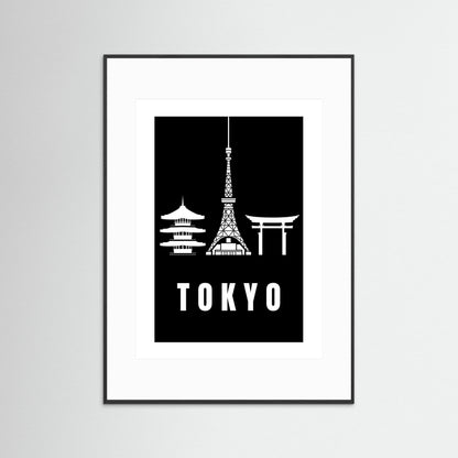 Tokyo Cityscape Art Print – Black Edition featuring pagoda, Tokyo Tower, and Torii gate. Framed with white border.