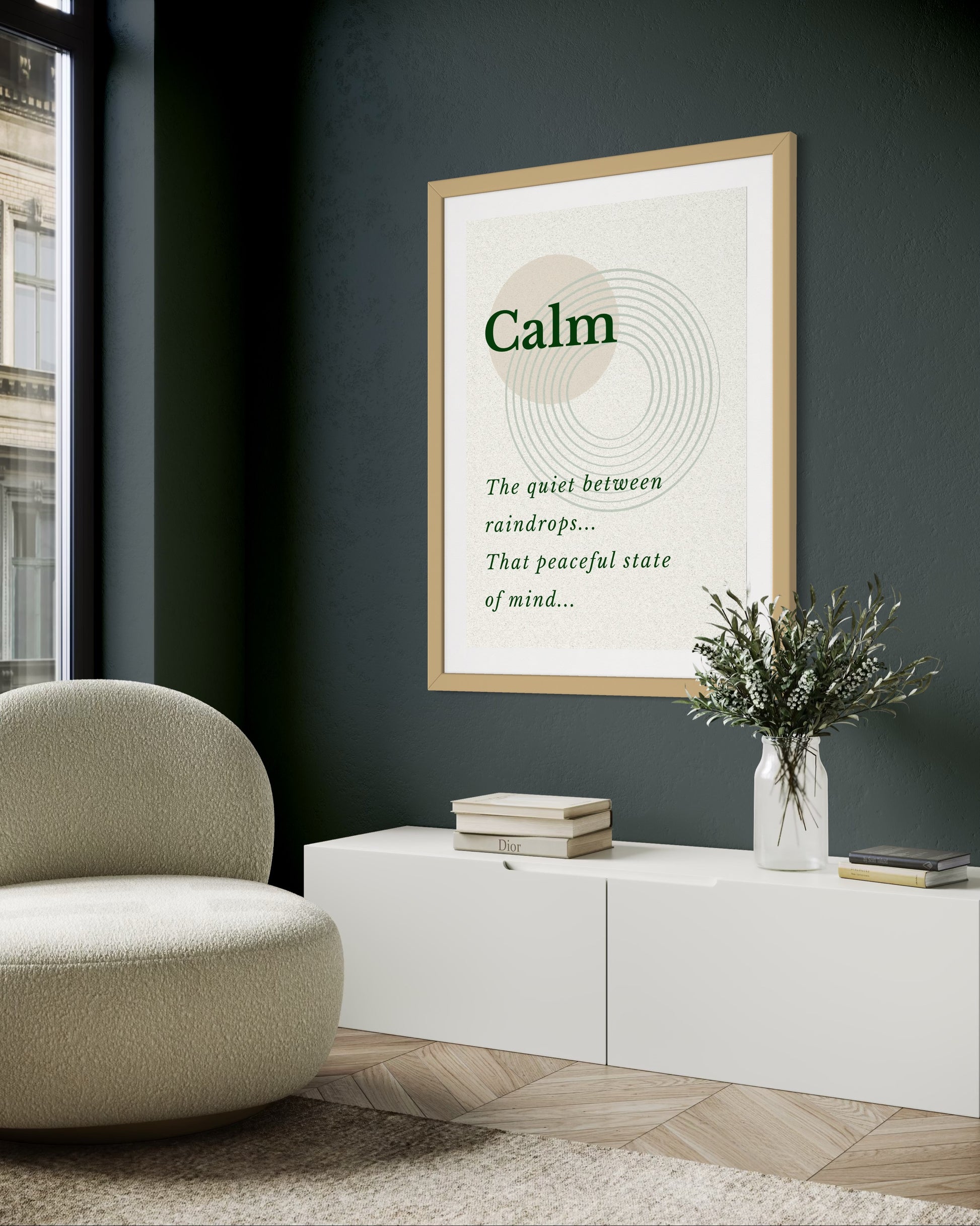 Framed artwork with the word 'Calm' in a modern living room setting.
