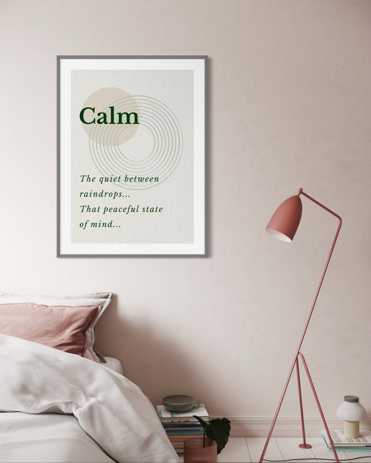 Framed poster with the word 'Calm' and a definition in a bedroom setting.