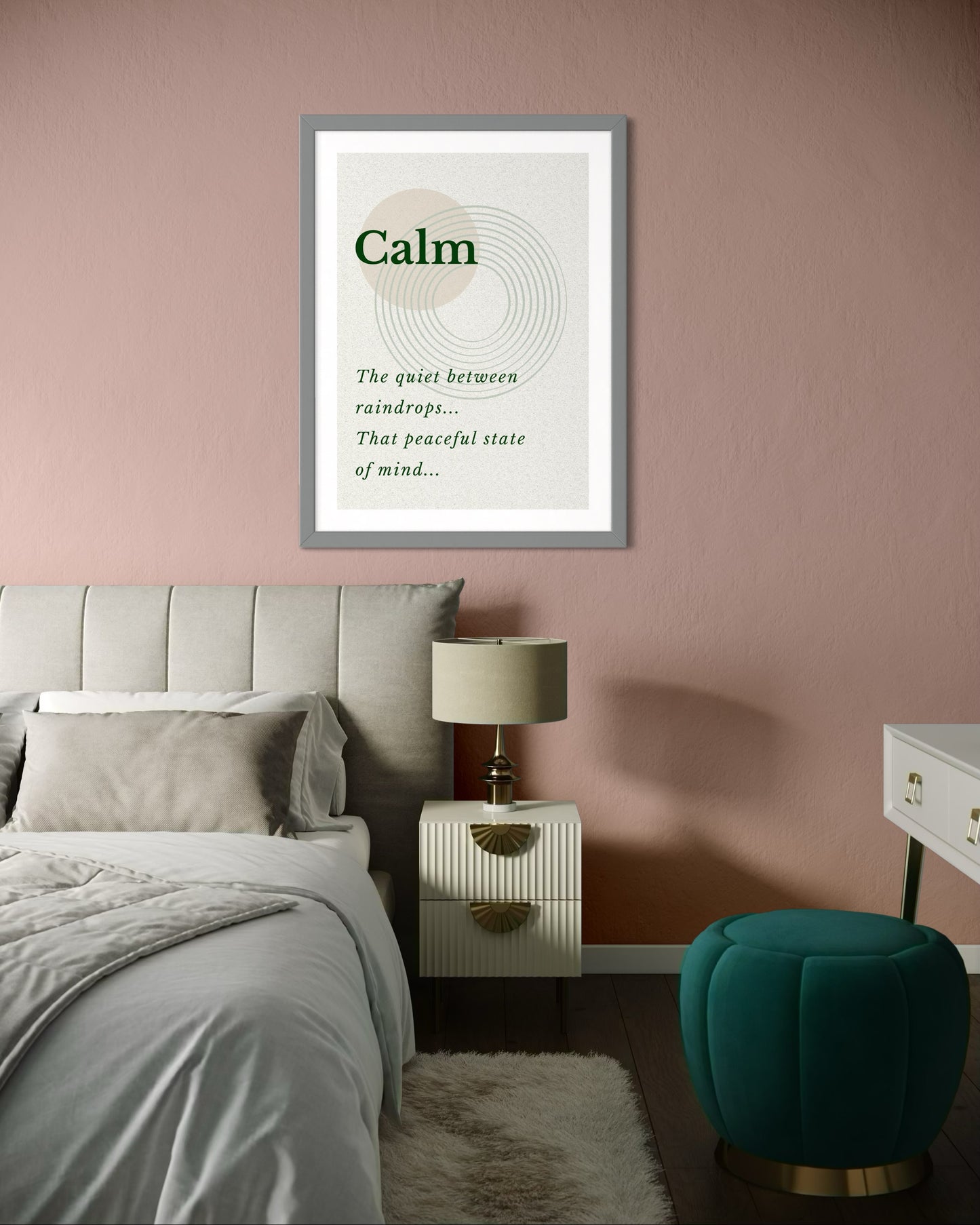 Bedroom with a framed print on the wall, bed, nightstand, and green ottoman.