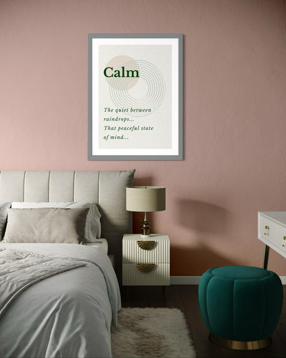 Bedroom with a framed print on the wall, bed, nightstand, and green ottoman.