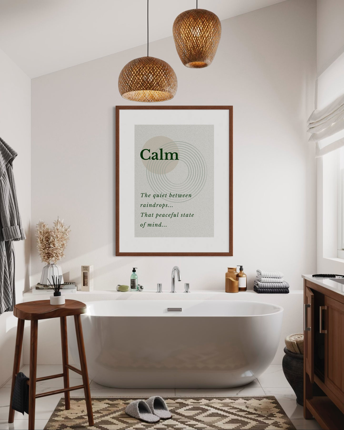 Modern bathroom with a freestanding bathtub, wooden stool, and framed poster on the wall.
