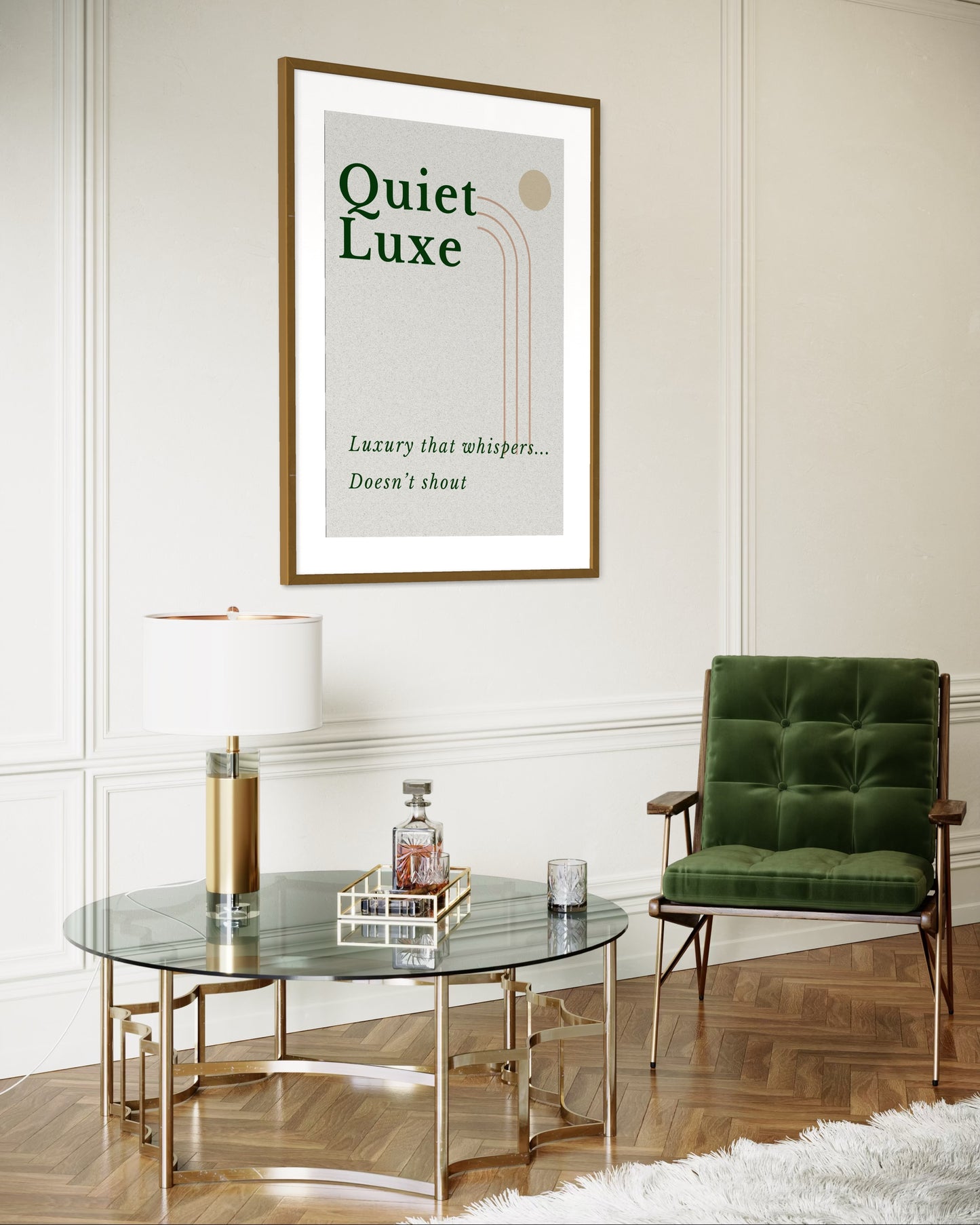 Modern living room with a green armchair, glass coffee table, and framed quote on the wall.