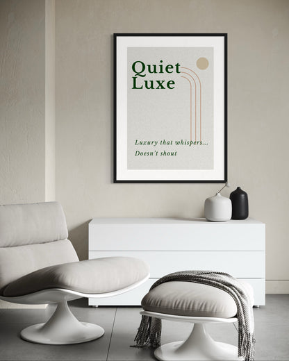 Framed artwork with 'Quiet Luxe' text in a modern living room setting.