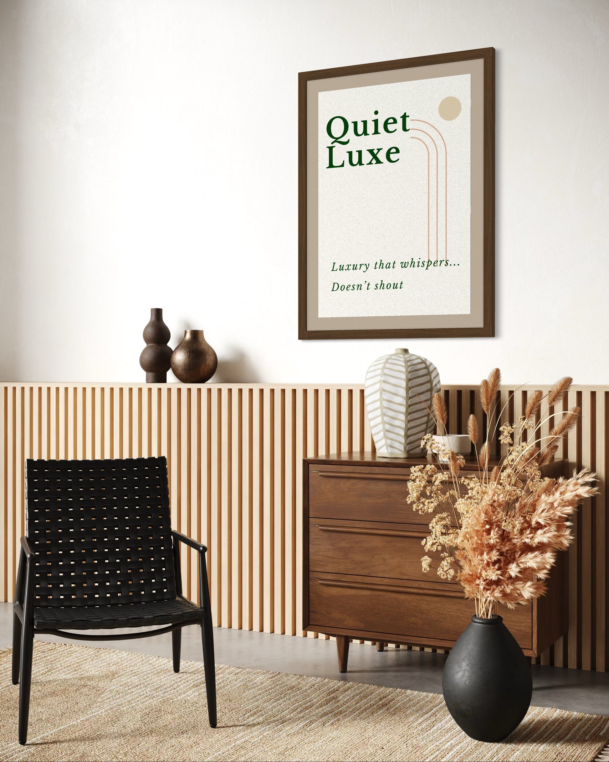 Modern interior with a black chair, wooden cabinet, and decorative vase.