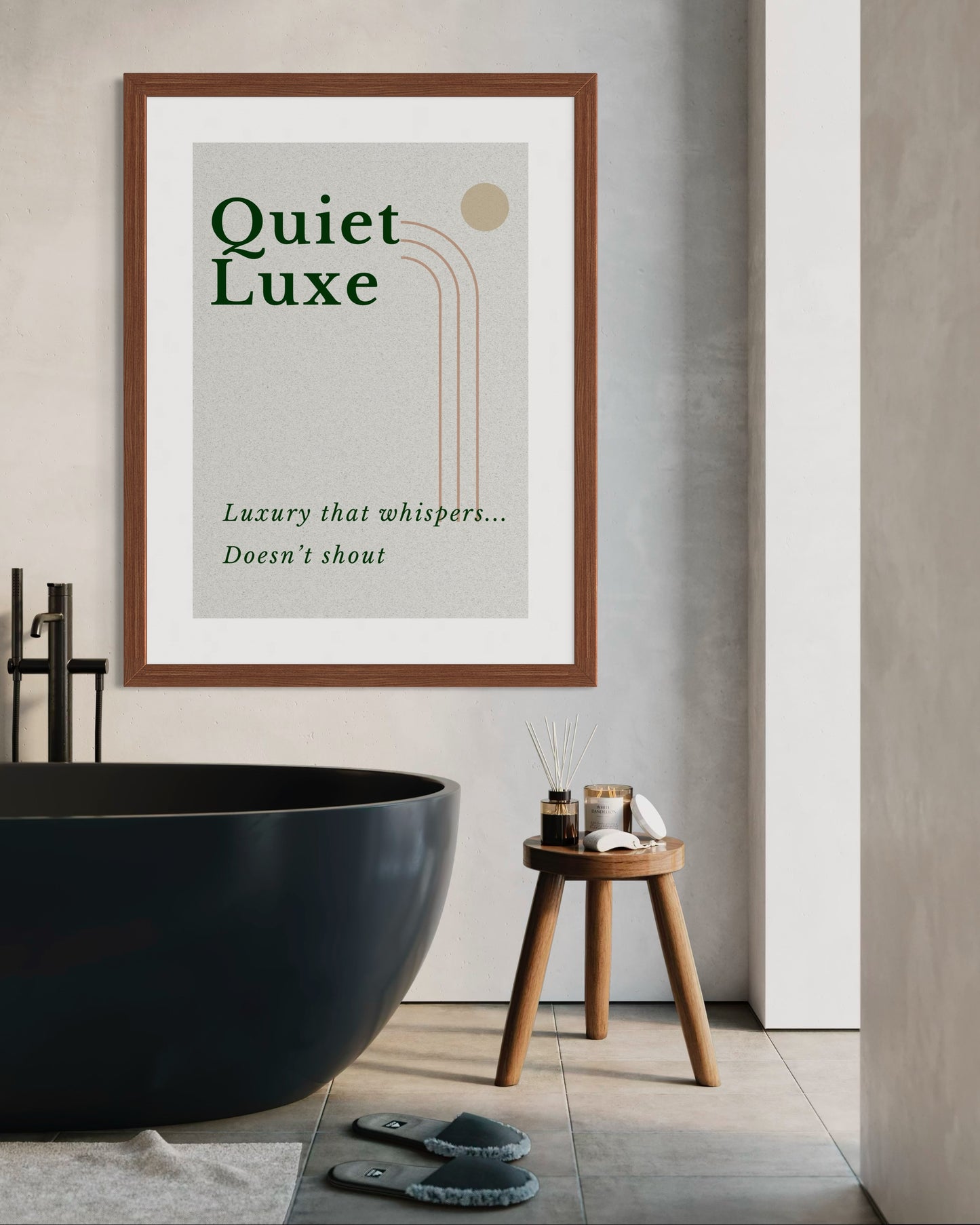 Framed artwork with 'Quiet Luxe' text in a modern bathroom setting.