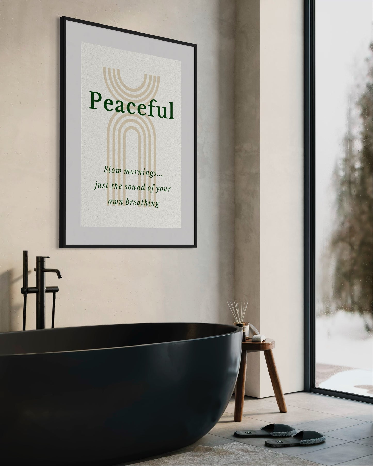 Framed artwork with 'Peaceful' text in a modern bathroom setting