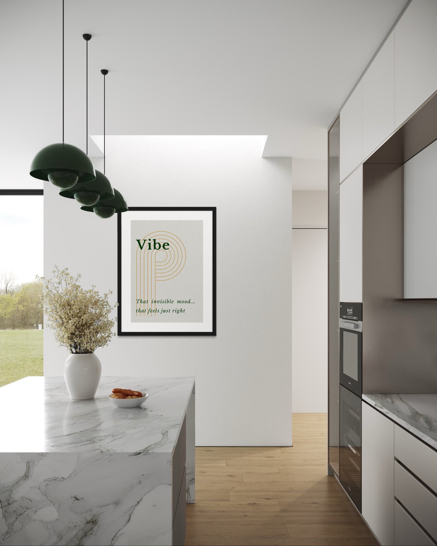 Modern kitchen interior with a 'Vibe' framed print on the wall.