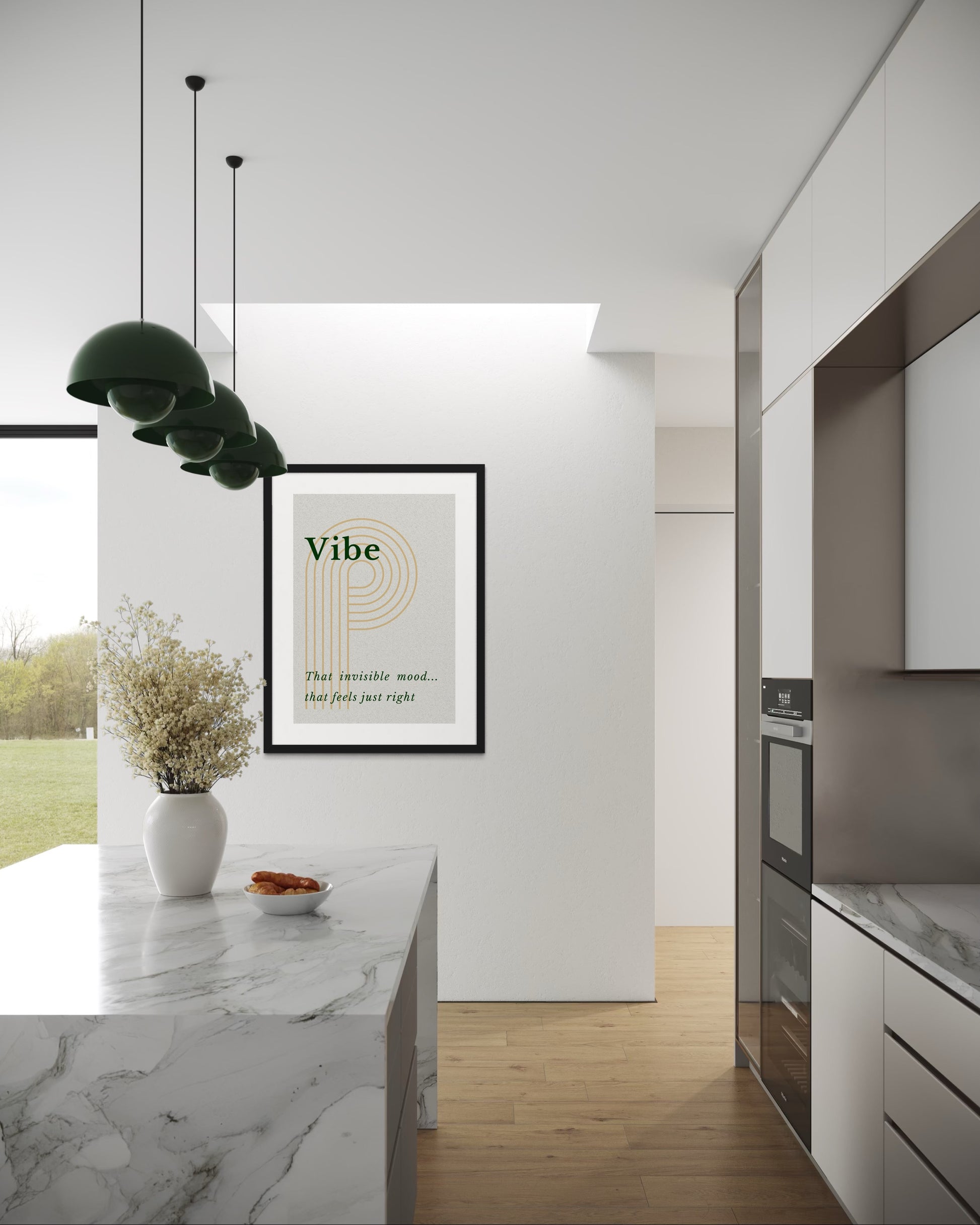 Modern kitchen interior with a 'Vibe' framed print on the wall.