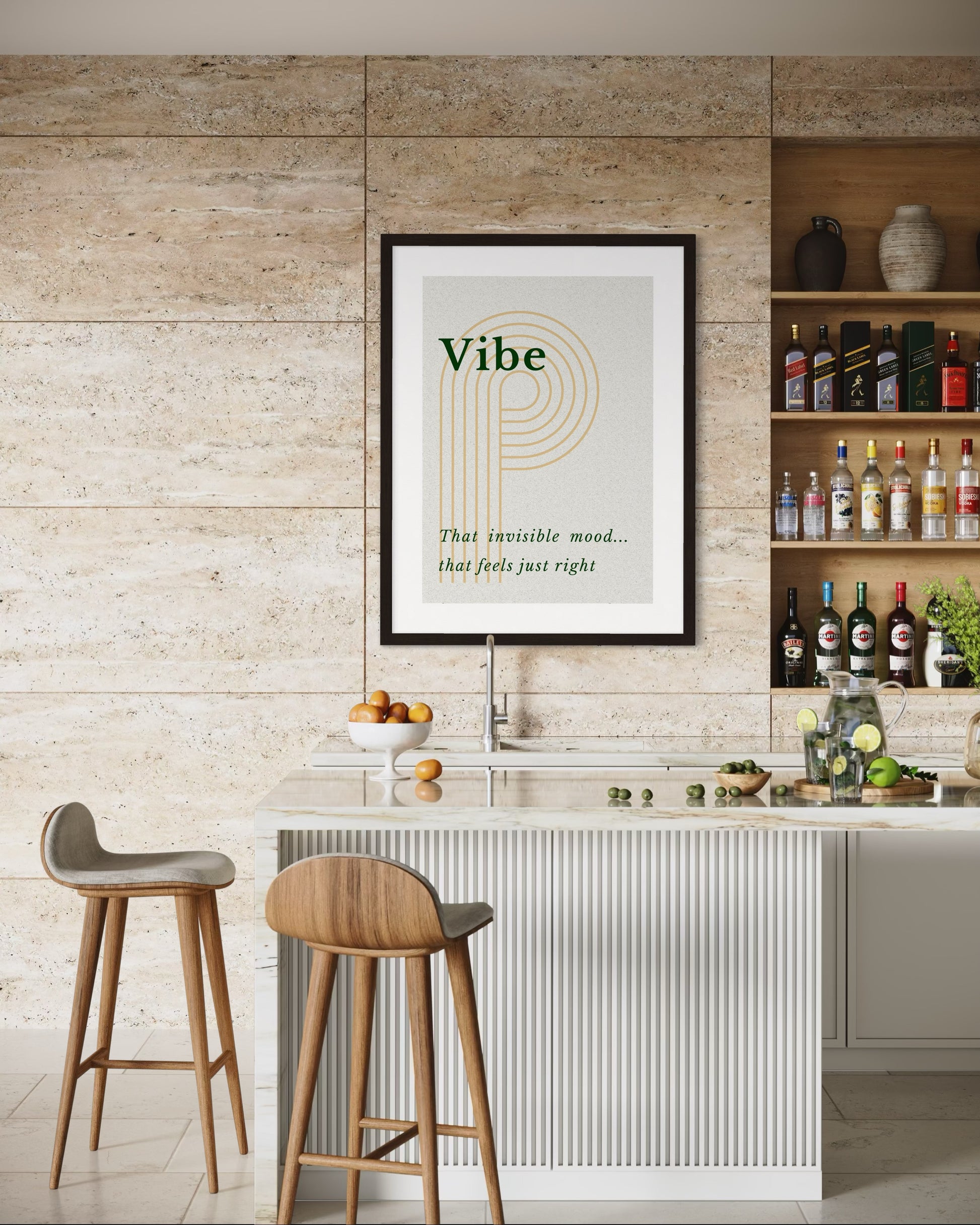 Kitchen interior with a 'Vibe' poster on the wall, bar stools, and a shelf with bottles.