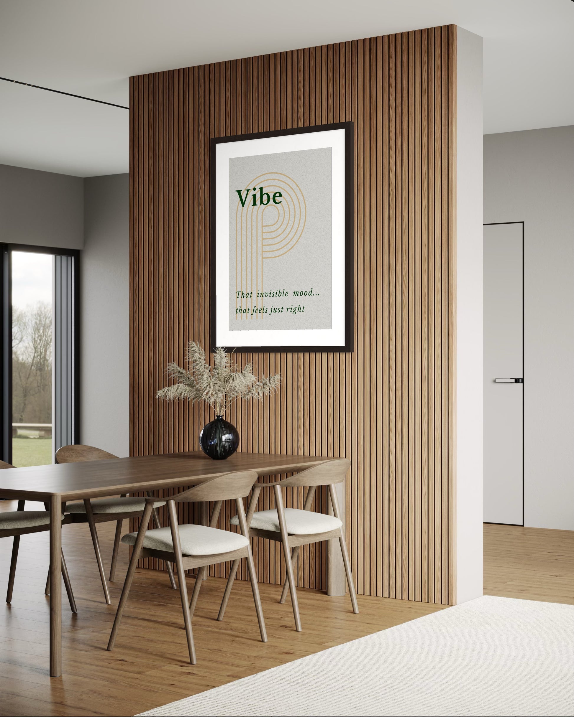 Dining room with a framed poster on a wooden wall