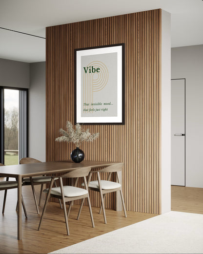 Dining room with a framed poster on a wooden wall