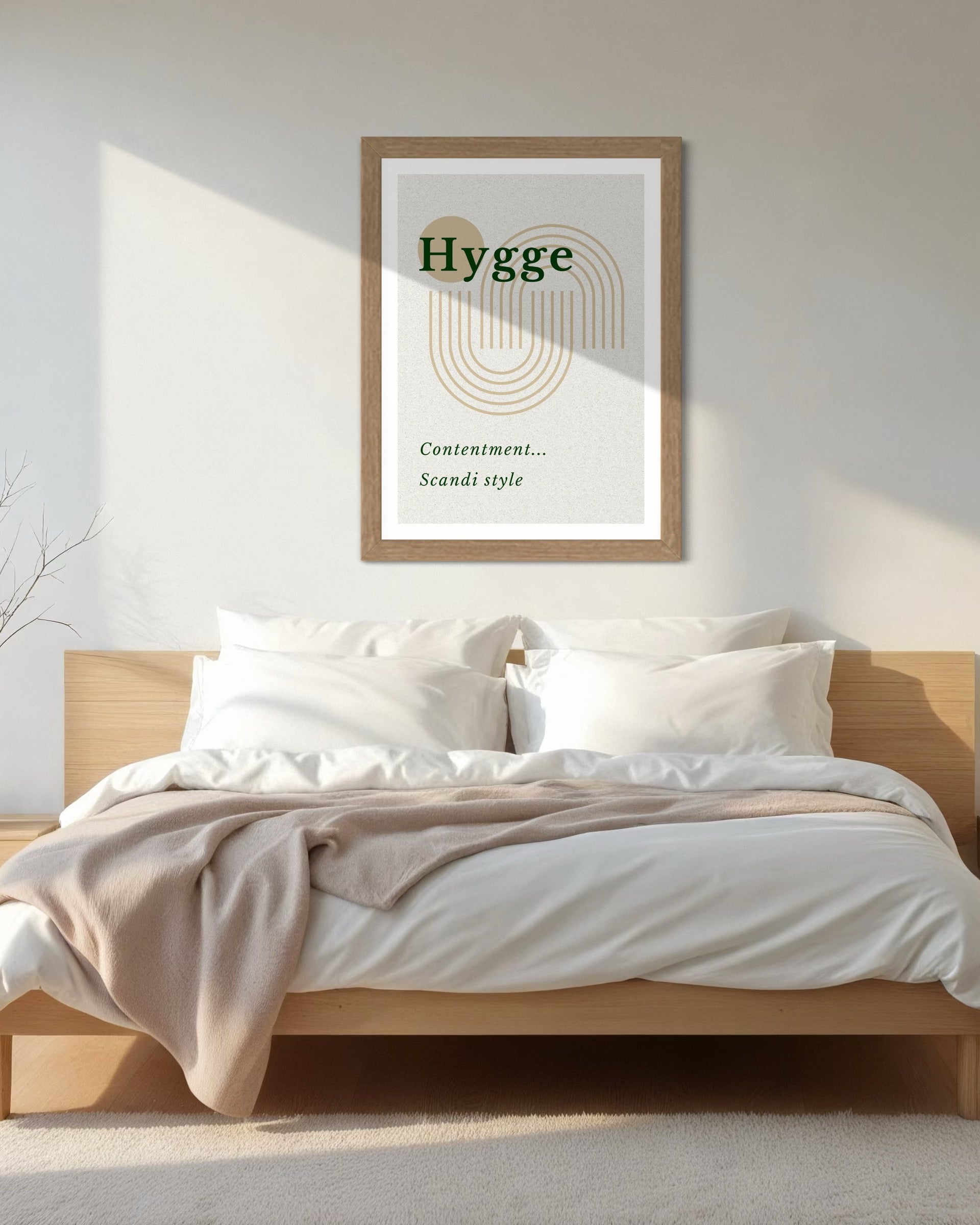 Bedroom with 'Hygge' framed artwork on the wall